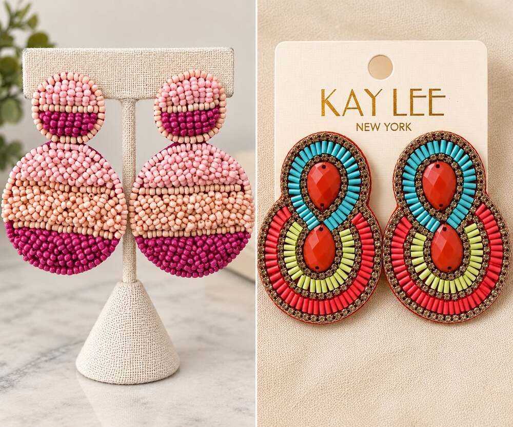 2 pair Kay Lee New York Multicolored Seed Bead  Dangle Earrings